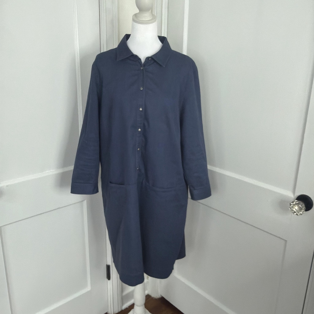 J. Jill Shirt Dress Womens Large Indigo Blue Denim Stretch‎ Pockets Pullover